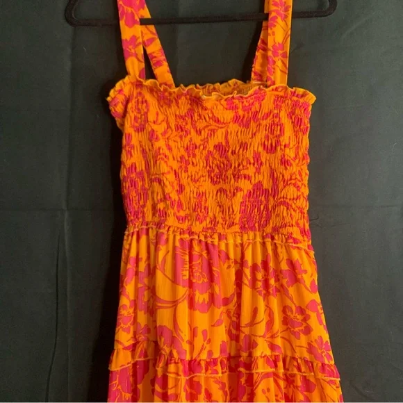NWT Umgee Vibrant Orange and Pink Floral Smocked Tiered Dress, size L - Picture 7 of 10